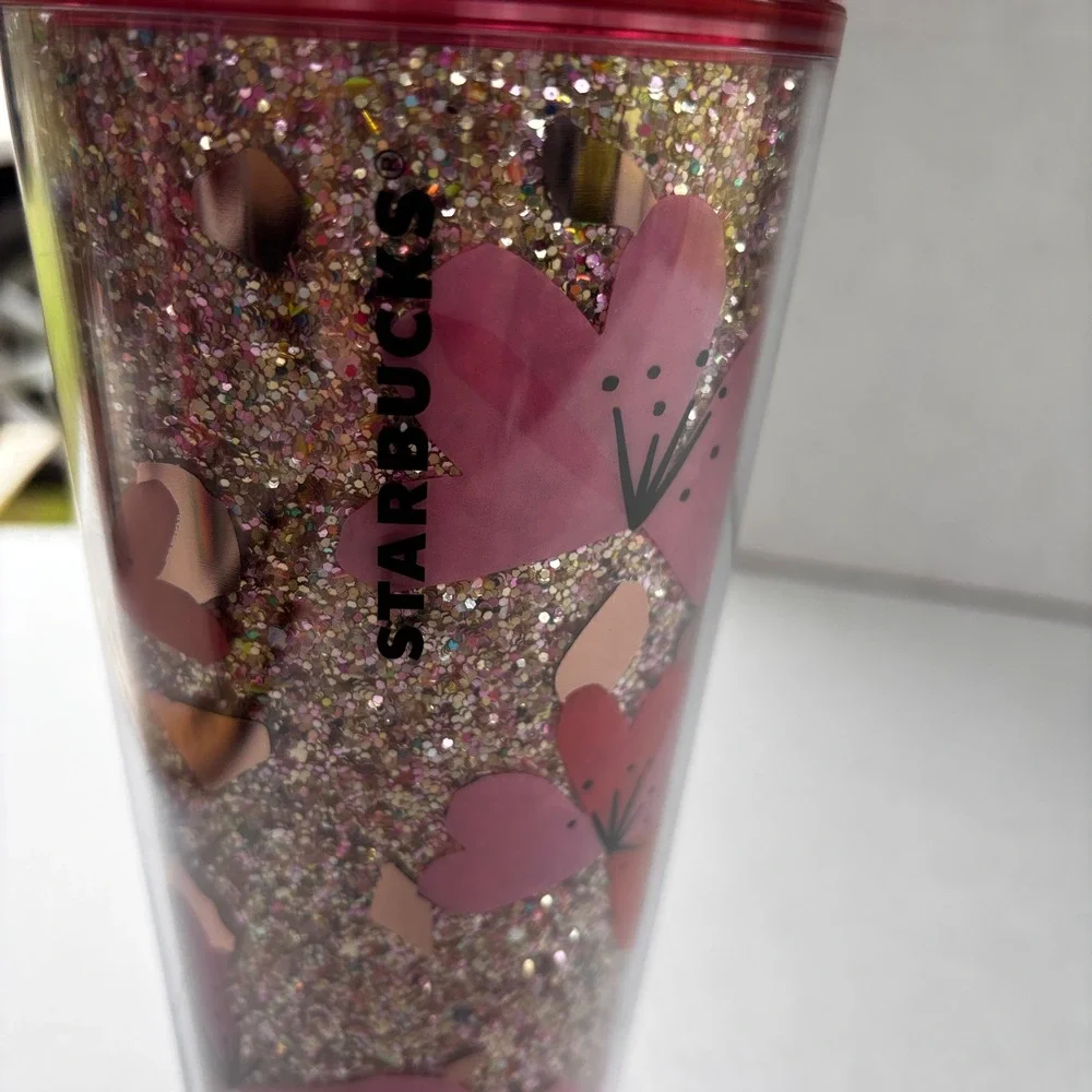 Starbucks 24oz Valentine Hearts Glitter Cold Cup Pink Tumbler Reusable 2020s New